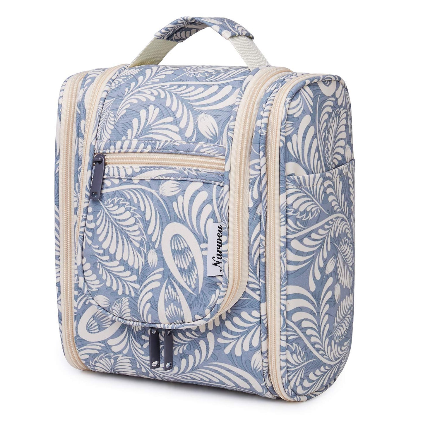 Narwey Small Hanging Toiletry Bag Women Travel Makeup Bag Organizer Toiletries Bag for Travel Size Essentials Accessories Cosmetics (Medium, Blue Leaf)