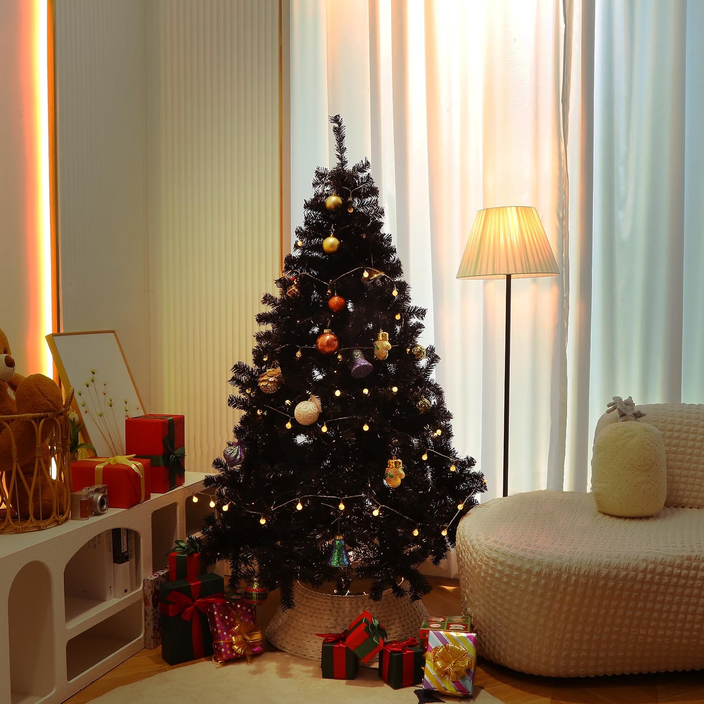 6Ft Artificial Christmas Tree with Metal Stand for Holiday Festival Parties Home Office Decor, 8 Modes 200 LED Warm White Lights Included