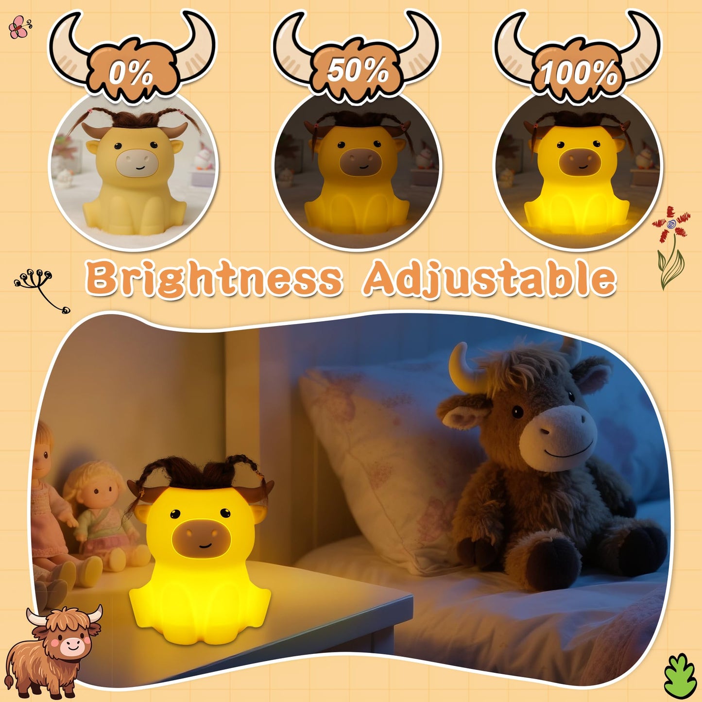 Okayera Highland Cow Night Light, Fluffy Cow Squishy Lamp for Kids, Soft Silicone Animal Nightlamp with 2 Levels Dimmable & 20 Mins Timer, Rechargeable LED Light Gifts for Baby Boys Girls