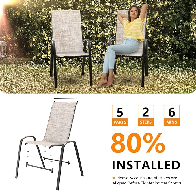 VINGLI Patio Chairs Set of 8 – Stackable Outdoor Dining Chairs with Comfortable Sling High Back Chairs and Armrests for Lawn, Poolside, Courtyard, Balcony, Garden, Yellow