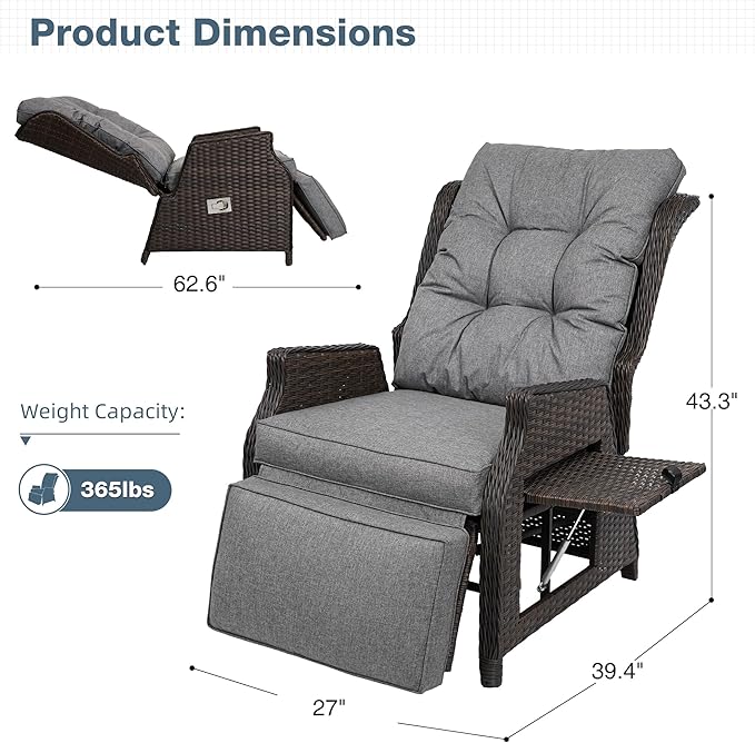 Outdoor Indoor Wicker Recliner with Adjustable Back and Footrest, Patio Reclining Chair with Flip-up Table, Outdoor Rattan Lounge Chair, Grey 2PCS