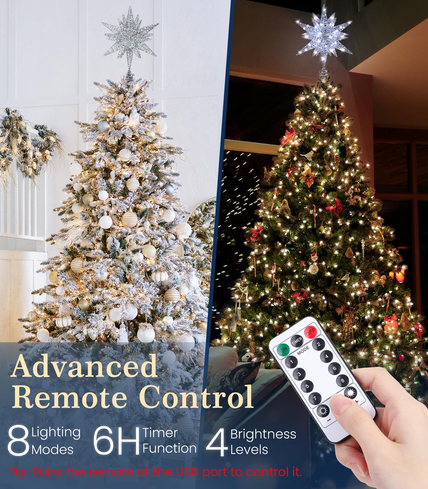 Luxspire Christmas Tree Topper, 3D Lighted Star Tree Topper with USB Plug-in & Remote Control, 9.6" Christmas Tree Star Lights for Home Holiday Decor, 6H Timer & 8 Lighting Modes, Silver
