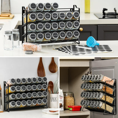 AOZITA Spice Rack Organizer for Cabinet, Spice Organizer with 28 Empty Spice Jars with Black Lids, Funnel, Spice Labels, Seasoning Organizer for Countertop, Cabinet, Kitchen, Pantry, Cupboard
