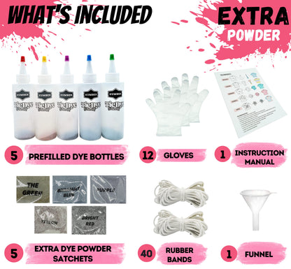 KUMBER Tie Dye Kit Kids - 5 Colours with Extra Dye Powder, Rubber Bands, Gloves and Funnel - Art and Craft Set for Dyeing Clothes, Creative Games & Activities - Suitable for Kids and Adults