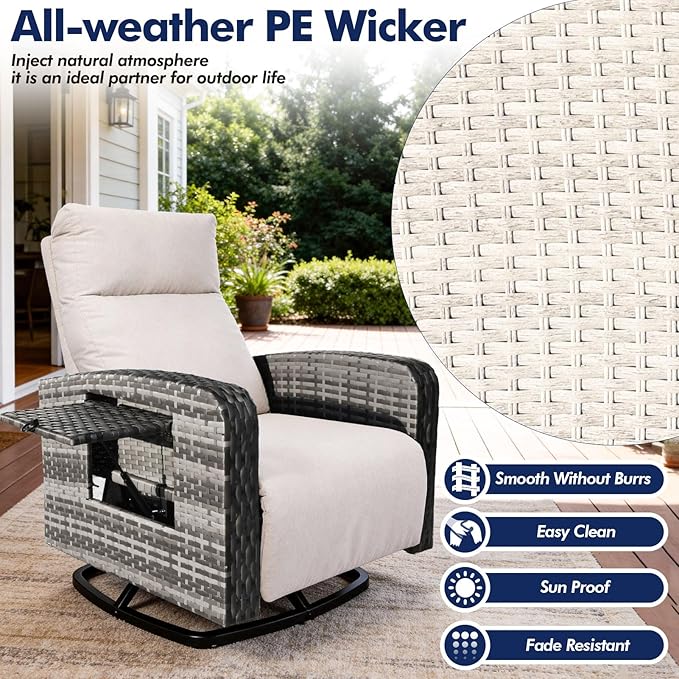 Outdoor Recliner Chair, Wicker Patio Recliners with Adjustable Backrest and Extended Foot Rest, Reclining Patio Chairs with Flip Table & Removable Cushion Cover for Porch