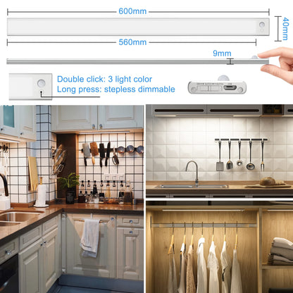 SOAIY LED Dimmable Under-Unit Light 60 cm Kitchen Lamp 4500 mAh Rechargeable Cabinet Lighting with Motion Sensor 3 Light Heat 2700 K - 6500 K Magnetic Light Strip for Kitchen Cabinet Wardrobe Bathroom