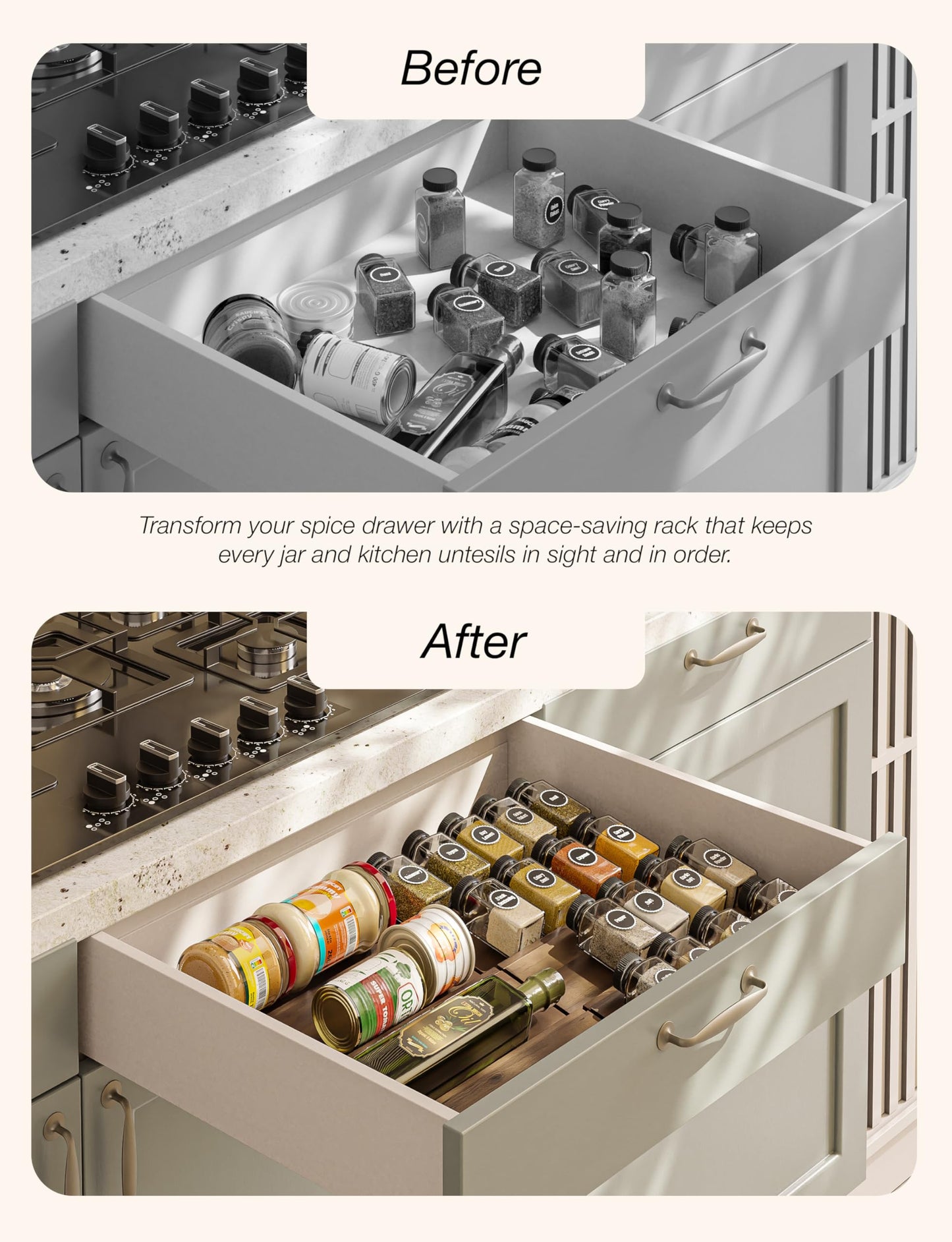 Tinamo Wood Spice Drawer Organizer - Acacia Wooden Tray Spice Racks Organizer for Cabinet Storage Shelf - 4 Tier Spice Rack for Drawer 32 Jars (Pack 4)