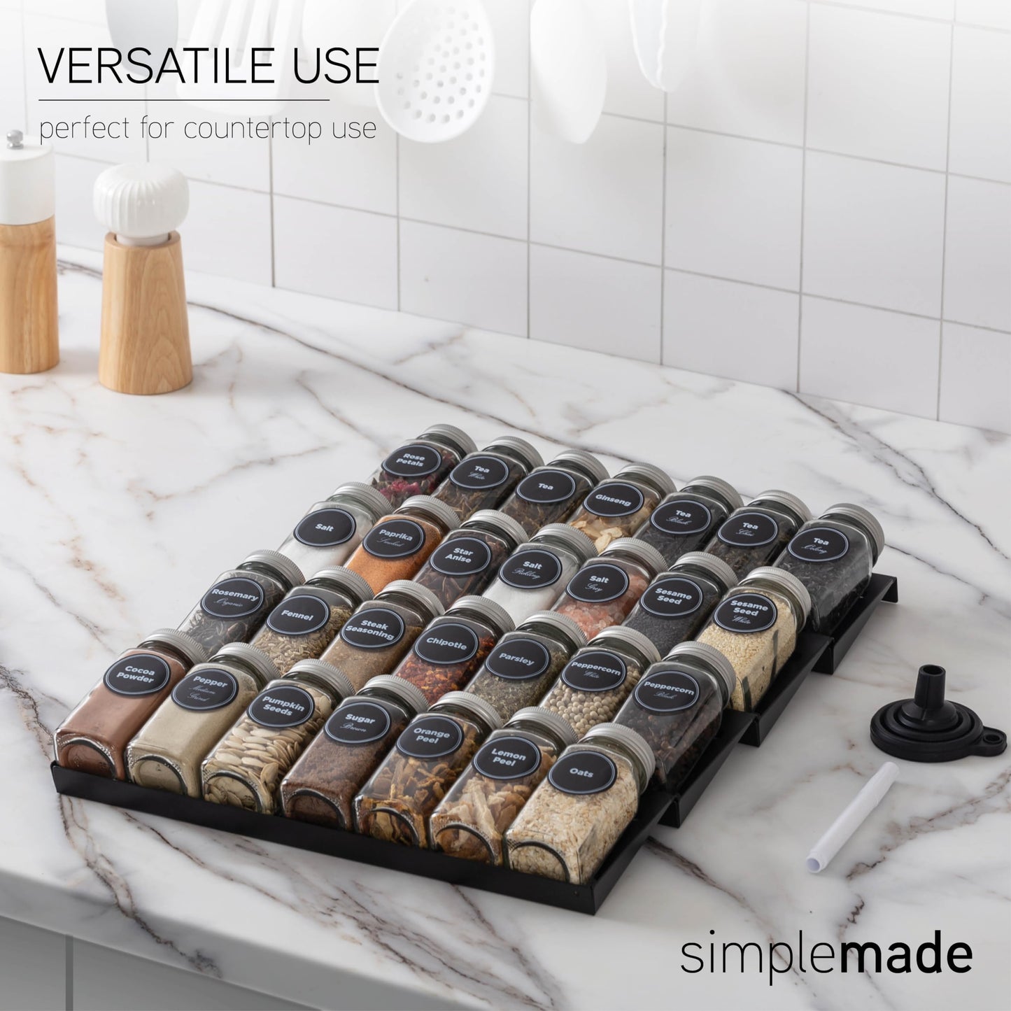 SIMPLEMADE-Spice Drawer Organizer, Spice Rack Drawer for Kitchen, 4 Tier Black Drawer Spice Organizer with 28 Jars and labels with a pen, Silicone Funnel, 13" by 17.5"