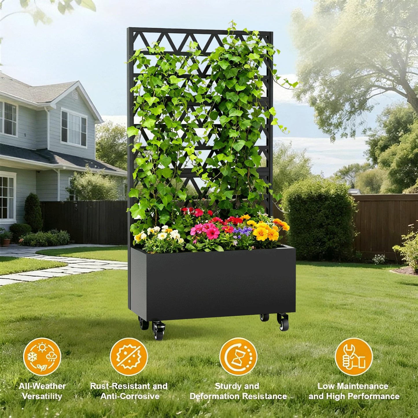 Metal Planter Box with Trellis, 73-Inch Tall Raised Garden Bed with Wheels, Privacy Screen Planter for Climbing Plants, Vegetables & Vines, Galvanized Steel Outdoor Privacy Shield, Black (Square-1)