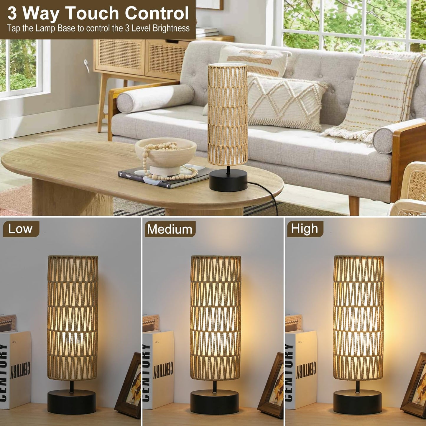 Rattan Table Lamp, Touch Control Bedside Table Lamp with Black Base, 3 Way Dimmable Nightstand Lamp with Dual-layer Shade, Boho Night Light for Bedroom Living Room Home Office, 9W LED Bulb Included