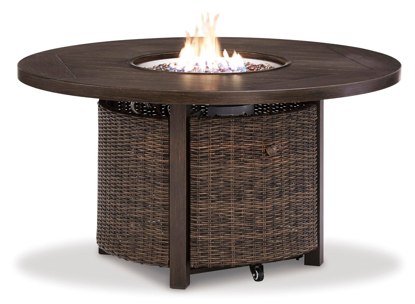 Signature Design by Ashley Paradise Trail Outdoor Round Wicker Patio Fire Pit Table, Brown