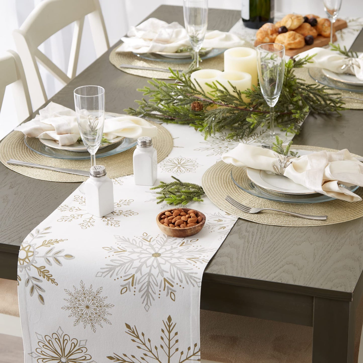 DII Holiday Dining Table Linen Sparkle Metallic Kitchen Décor, Table Runner, 14x72, Snowflakes Print