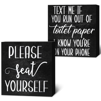 Jetec Set of 2 Farmhouse Bathroom Signs Decor Funny Rustic Wood Plaque Bathroom Wall Art Please Seat Yourself Wooden Toilet Signs for Home Restroom Shelves(Black)