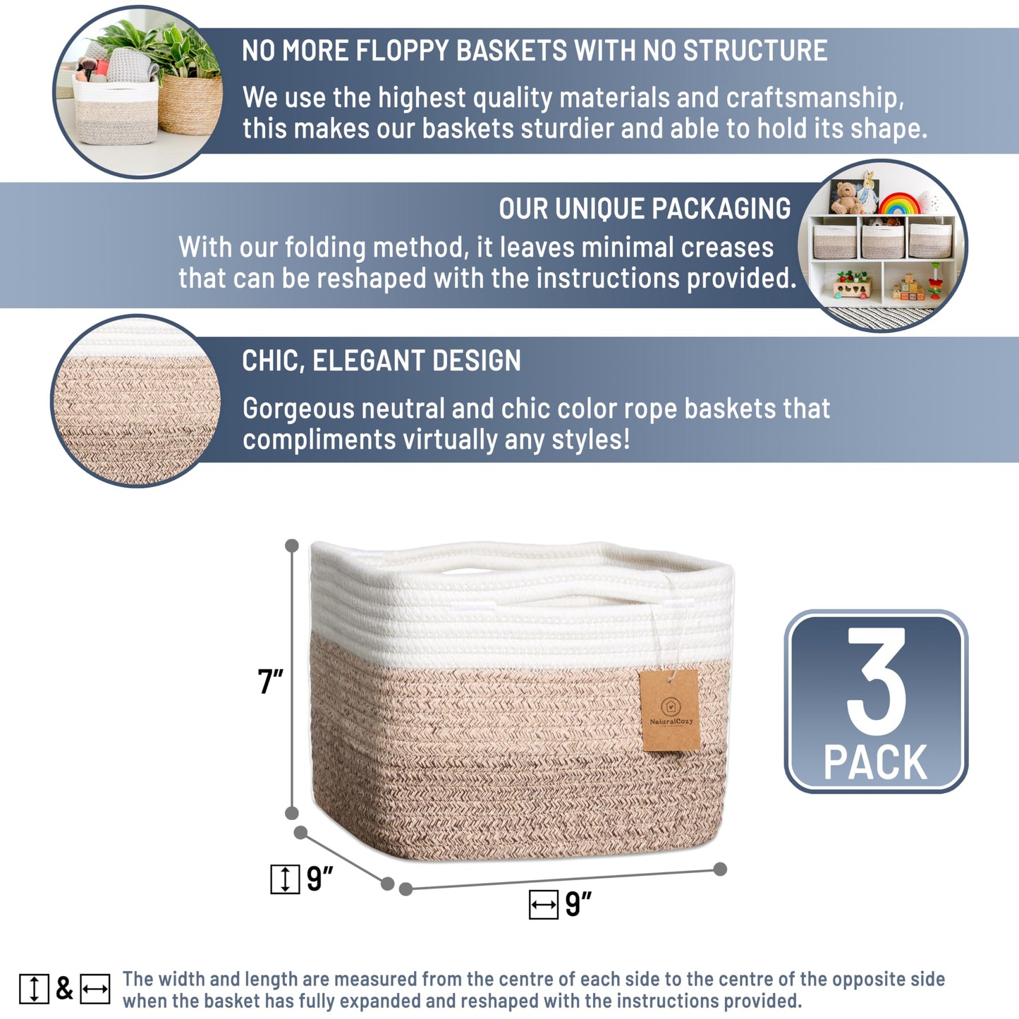 NaturalCozy Storage Cubes 9”x9”x7”Cotton Rope Woven Baskets for Organizing 3-Pack | 9 Inch Cube Storage Bin | Small Basket for Shelf Nursery, Pantry, Decorative Plant, Bathroom Closet, Toy Gift
