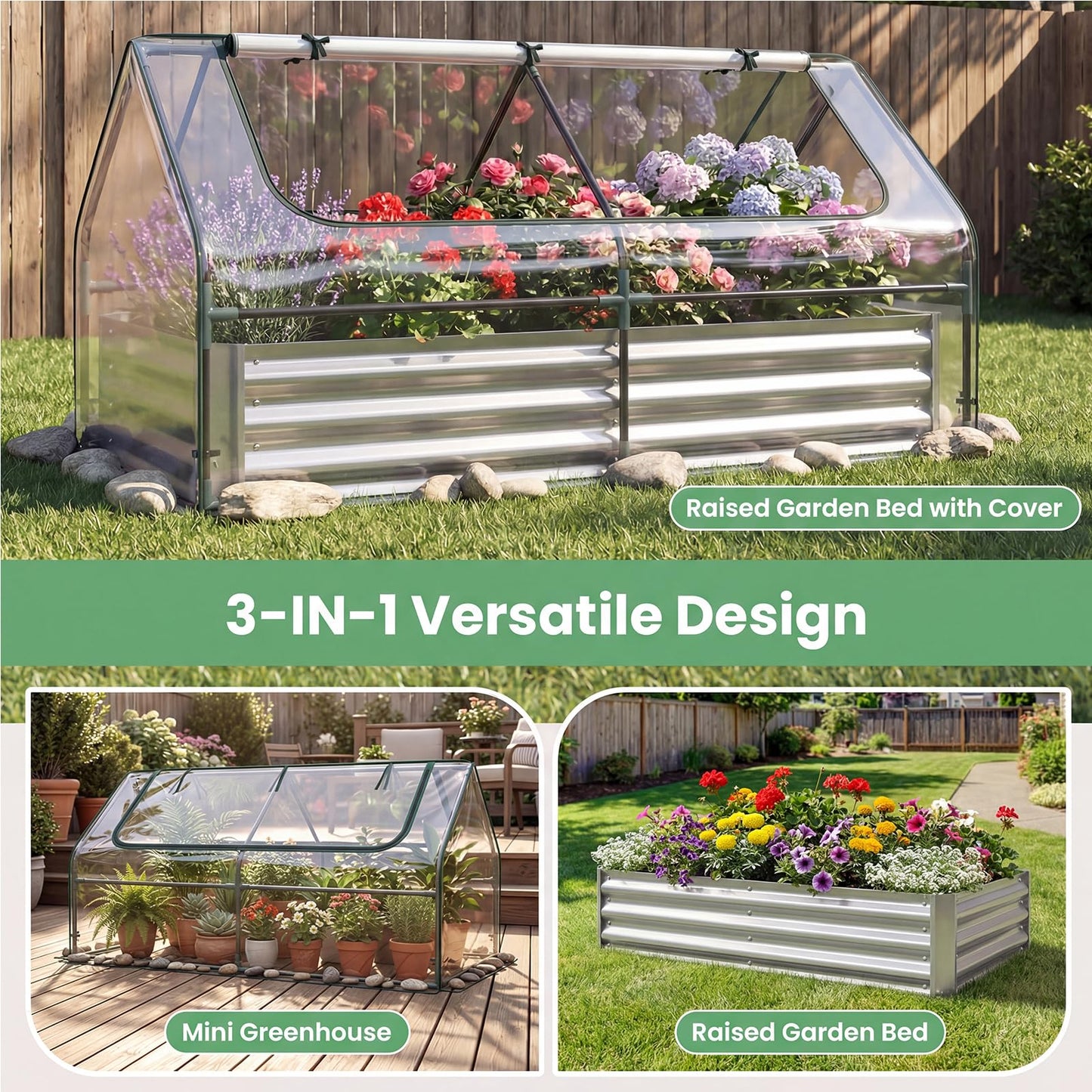 Happygrill Raised Garden Bed with Cover, Galvanized Planter Boxes Outdoor w/Mini Greenhouse, 2 Roll-up Windows & Open-Ended Base, Metal Growing Raised Bed for Vegetables (Silver, 72” x 36” x 37”)