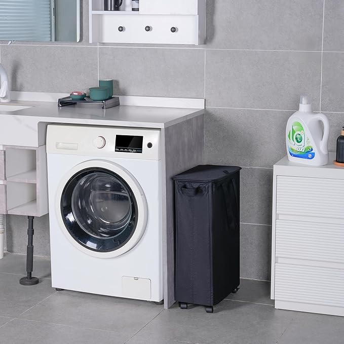 Slim Laundry Hamper with Lid and Wheels, Small Rolling Laundry Basket with