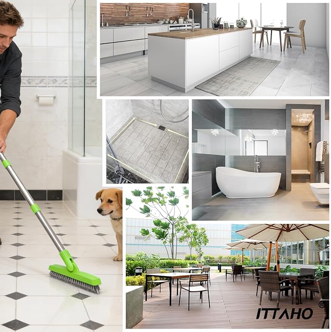 ITTAHO 2 Pack Grout Brush with Long Handle, Swivel Cleaning Grout Line Scrubber