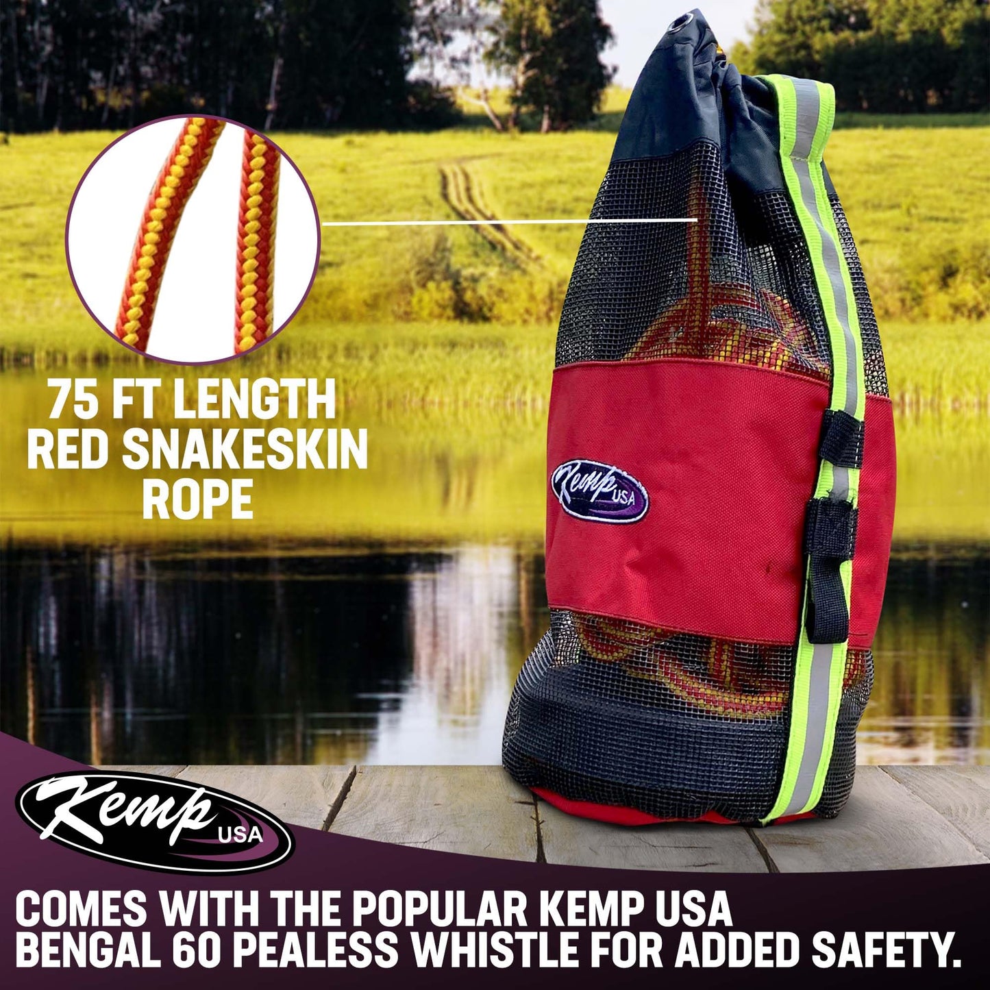 Kemp USA Throw Bag with 75 Foot Floating Rescue Rope Reflective Strap Self Draining Mesh Bag Throwable Flotation Water Rescue Safety Equipment Includes Bengal Whistle Red