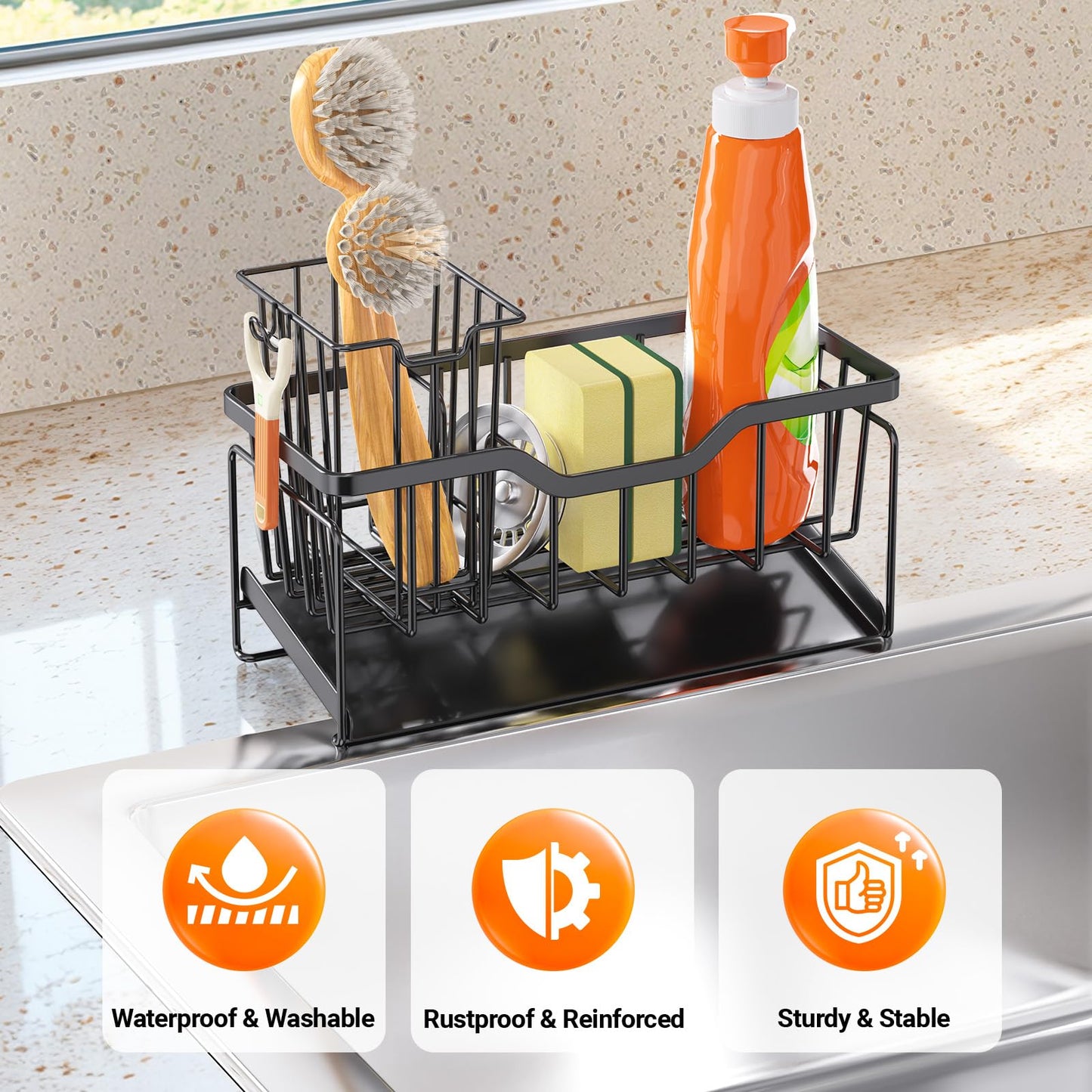 StorageRight Kitchen Sink Caddy Organizer, Rustproof Sponge Holder for Kitchen Sink, Instant Dry High Brush Holders with Drain Tray, Anti-Slip Storage Organization Essentials, Black