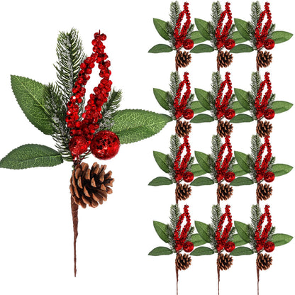 Boao 12 Pieces Glittery Pine Snowy Flower Picks Artificial Holly Red Berry Pine Cone Picks Fake Berries Pine Cones for Christmas Crafts Party Festive Home Decor (Glitter Sequins Style, 11 Inch)