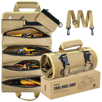 Roll Up Tool Bag, Heavy Duty Tool Organizer with 2 Detachable Pouches, Durable Tool Storage for Men, Women, Husband, Handyman, RV Owners, Khaki