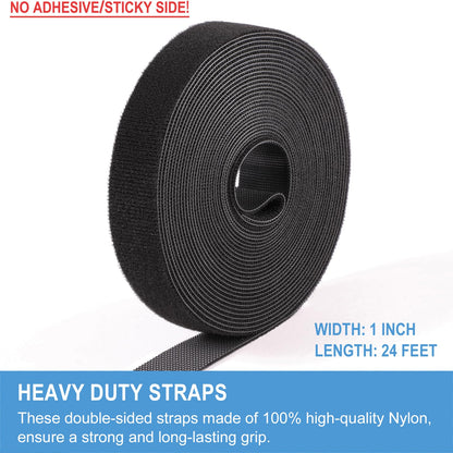 1in x 24ft | Hook and Loop Straps Heavy Duty | Double Sided Self-Gripping Strips | Reusable Multi-Purpose Wrap Roll for Home, Office, Data Center, and More