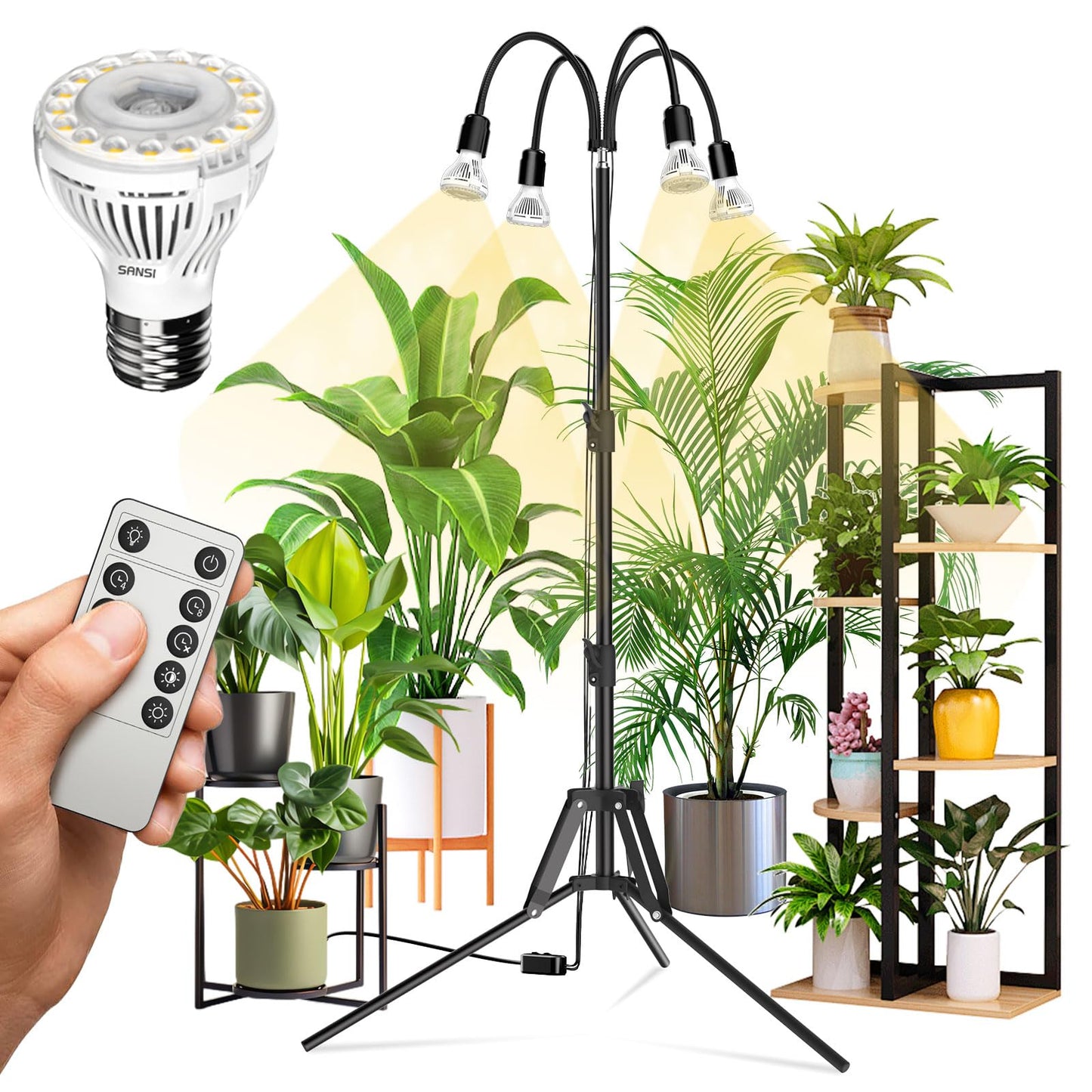 SANSI Grow Lights for Indoor Plants, 4 Head Dimmable Plant Lights for Indoor Growing, 35"-64" Adjustable Tripod LED Grow Light Lamp with Remote Control Auto On/Off Timer 4 Pack of Par20 10W Bulbs