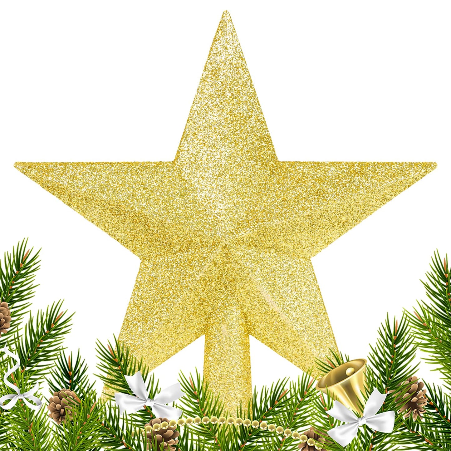 DERAYEE Christmas Tree Topper, 7.9 Inch Gold Christmas Tree Star Tree Topper Glitter Xmas Tree Top Star for Christmas Tree Decoration