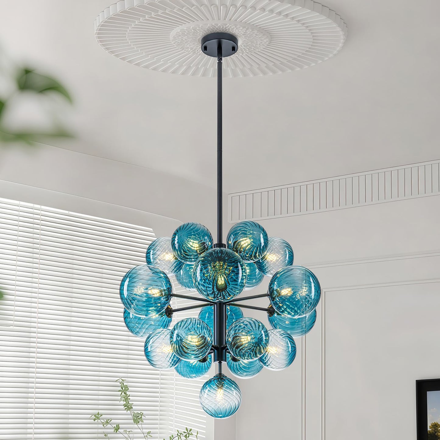 19-Light Blue Glass Bubble Chandelier Light Fixture, 24" Large Foyer Lighting Fixtures, Adjustable Black Mid Century Modern Sputnik Chandeliers for Dining Room Chandelier over Table, G9 Bulb Base