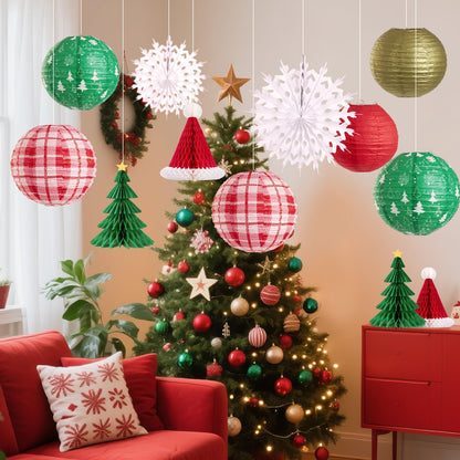 OBBOLO Christmas Hanging Decorations, 12 PCS Paper Lanterns, Honeycomb Christmas Trees, Hanging Paper Fans, Red Green Gold White Holiday Party Supplies for Home Xmas Holiday Party