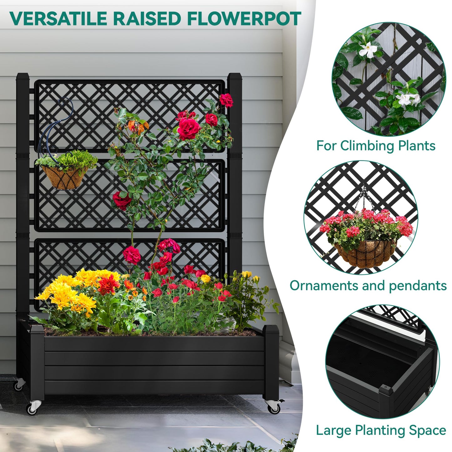 YITAHOME 43.3x17.7x61 in Planter Boxes Outdoor with Trellis 2pcs Resin Raised Garden Bed with Wheels & Drain Plug for Climbing Plants, Weather-Resistant Outdoor Privacy Screen, Black