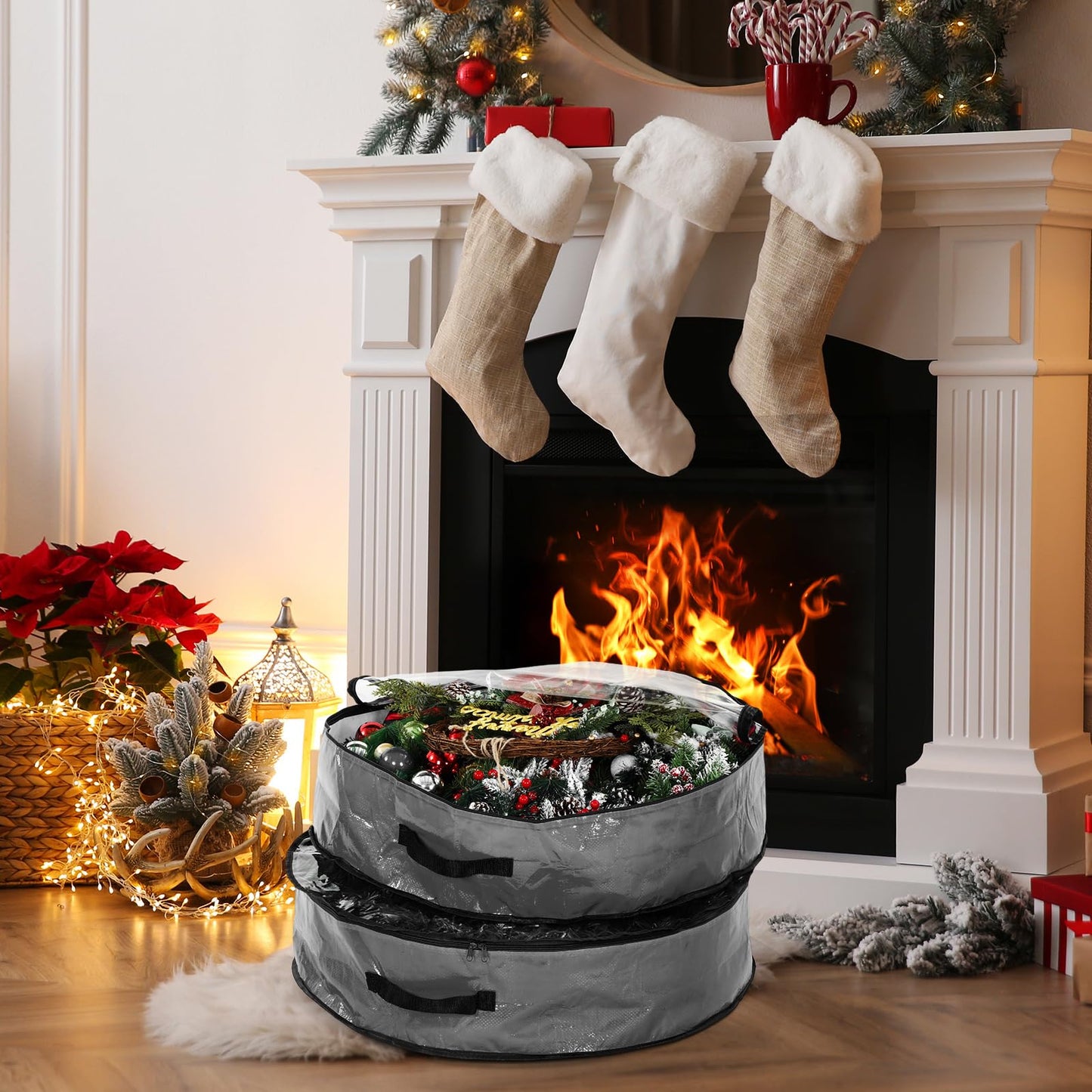 Aliceset 4 Pack Wreath Storage Containers, Ornament Garland Wreath Storage Bags with Handle Zipper Decorative Storages Box for Christmas in July Wreaths(24 x 24 x 7.8 Inch,Gray)