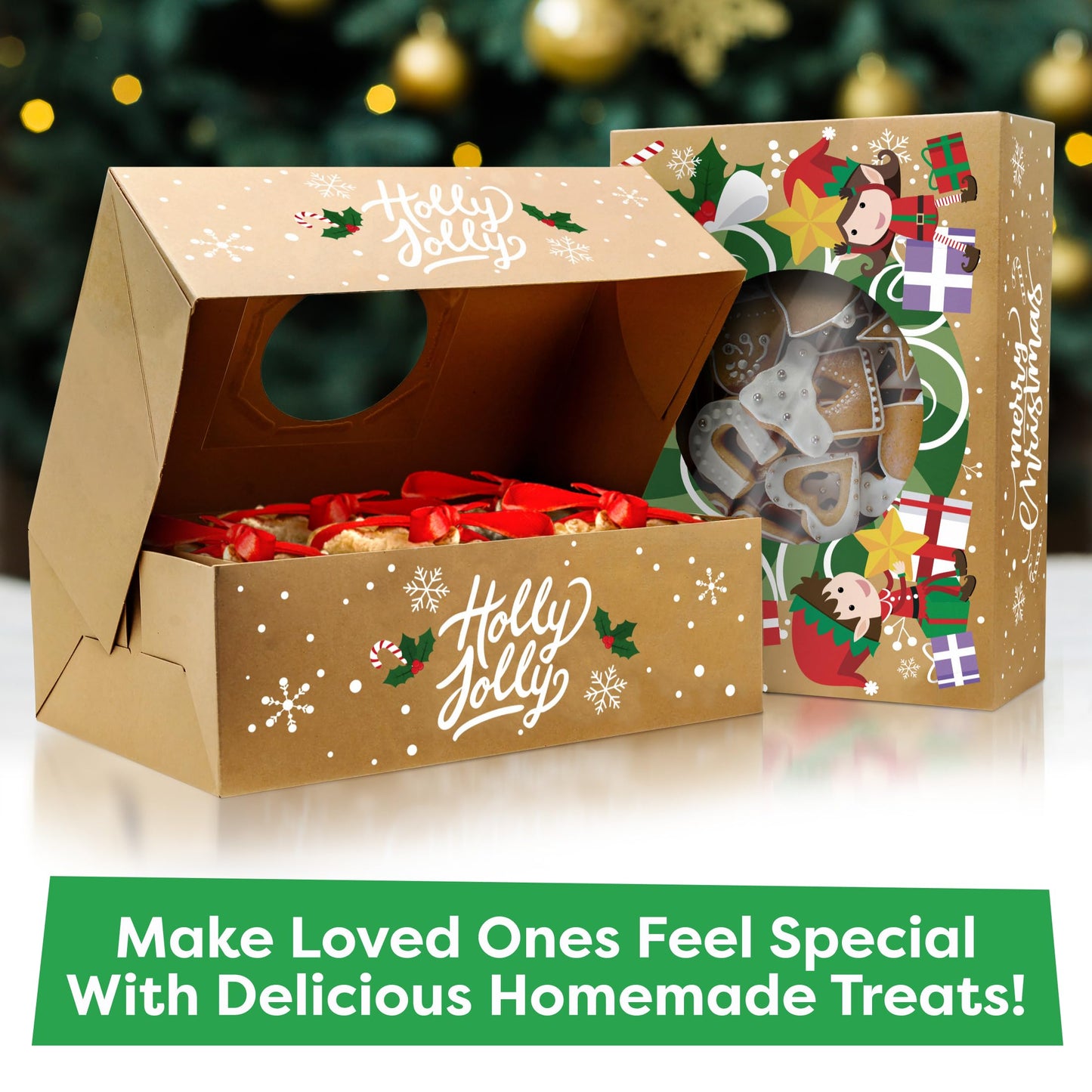 Christmas Cookie Boxes for Gift Giving - 12 Kraft Christmas Cookie Tins With Lids - Sturdy Christmas Treat Boxes, Christmas Tins - Festive Christmas Cookie Box Packaging - Cookie Boxes with Window
