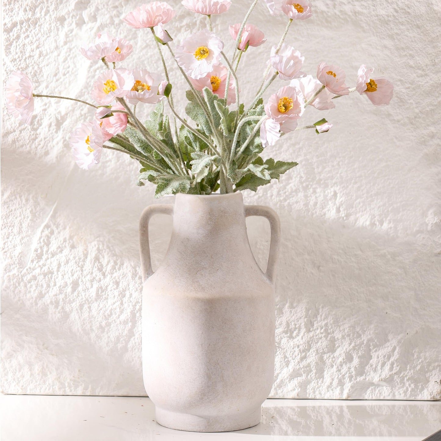 Mitt&Ditt Ceramic Flower Vase with Handles, 11 inch Tall Off-White Vase, Large Decorative Terracotta Vases, Farmhouse Rustic Pottery Vases for Home Decor, Living Room, Table