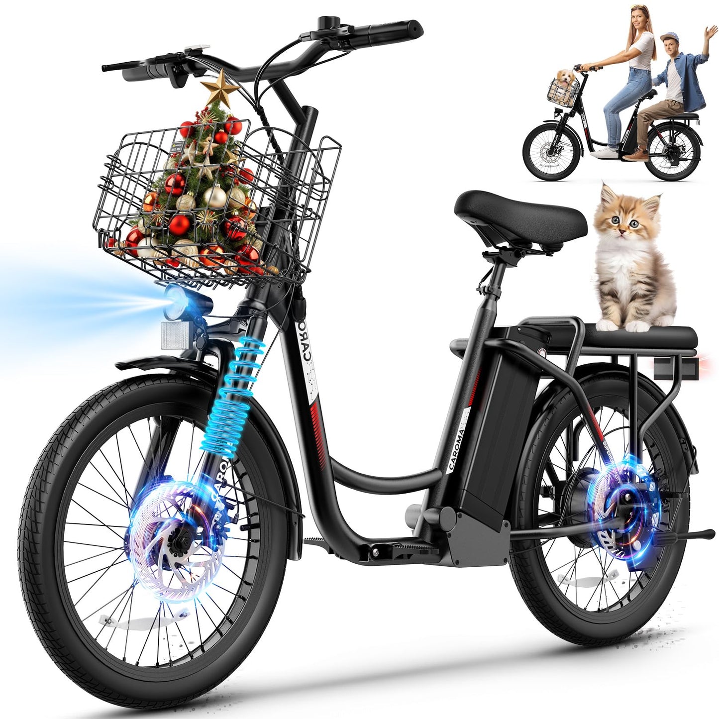 Caroma Peak 500W Electric Scooters with Seat,Step Thru Electric Bicycle 36V Removable Lithium-Battery,15Miles Max Range,20MPH Commuting Electric Bike for Adults&Teens,Shock Absorber,Rear Rack,Black