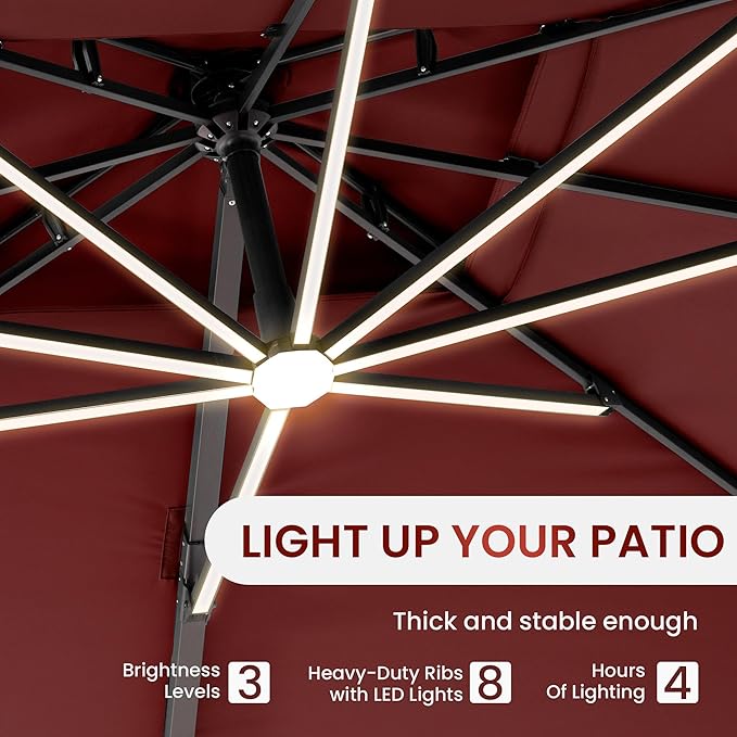 10 X 13 FT Cantilever Patio Umbrella with LED Lights Outdoor Heavy Duty Double Top Windproof Rectangle Offset Umbrellas with 360-degree Rotation for Pool Deck Backyard, Wine Red
