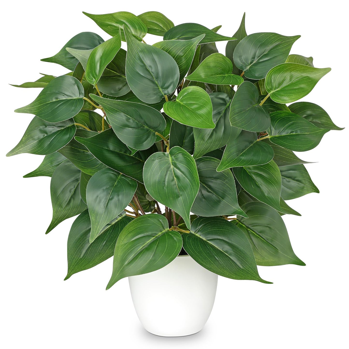 Artificial Pothos Plants in White Pot - 15.7" Fake Philodendron Plant Indoor Silk Faux Pothos Plants Faux Greenery Potted Small Artificial Potted Plant for Office Desk Shelf Bathroom Home Decor