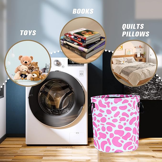 Pink Cow Print Laundry Basket Animal Foldable Oxford Cloth Funny Tote Bag