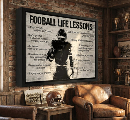 Framed Fotball Sports Canvas Wall Art Football Life Lessons Wall Decor Picture Inspirational Quotes Motivational Boy Poster Print Painting for Gym Bedroom Living Room Decoration Prepare To Hang