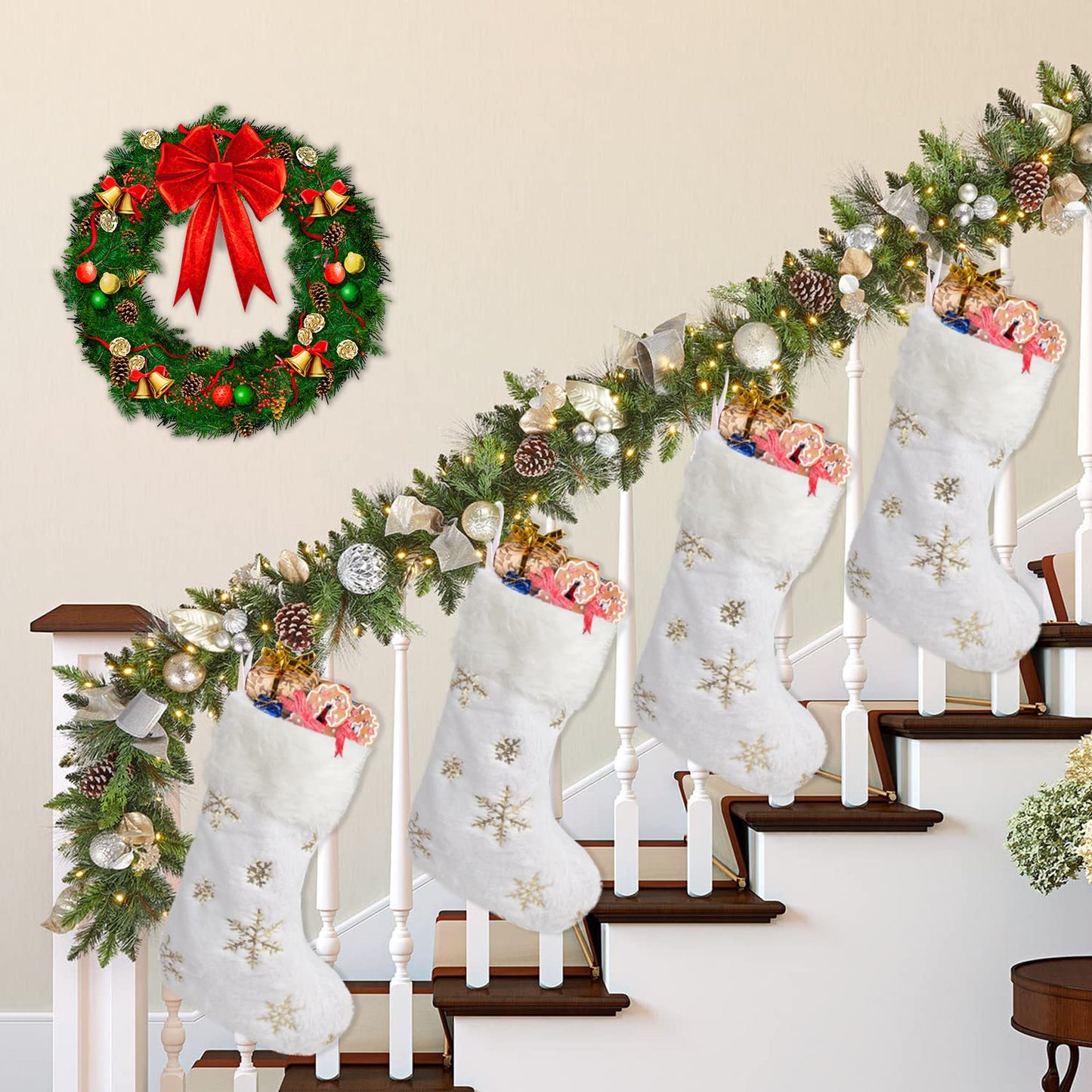 CCINEE 4PCS White Christmas Stockings,18 Inch Large Plush Faux Fur Xmas Stocking with Golden Snowflake Sequin Glitter Snowflake Hanging Stocking for Christmas Tree Wall Fireplace Home Decoration