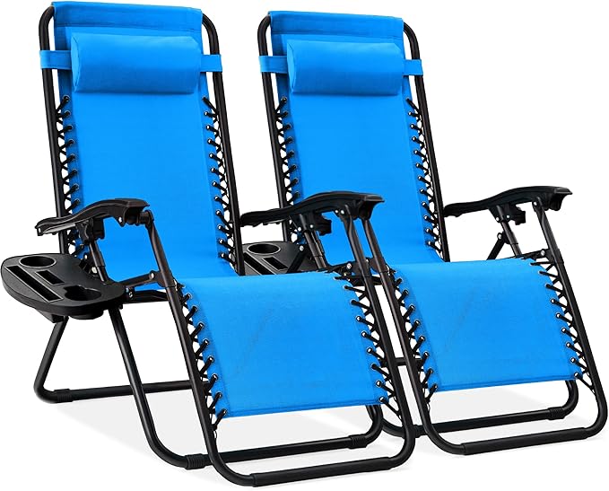 Best Choice Products Set of 2 Adjustable Steel Mesh Zero Gravity Lounge Chair Recliners w/Pillows and Cup Holder Trays - Light Blue
