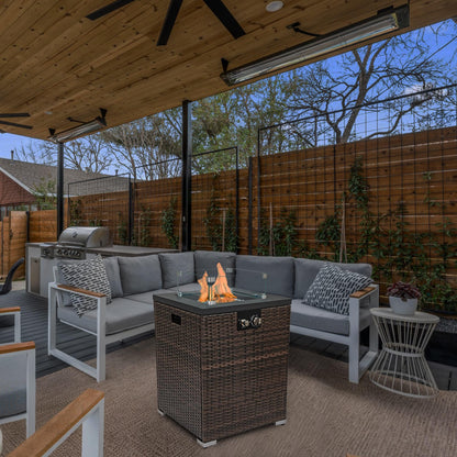 GDFStudio 22" Outdoor Propane Gas Fire Pit Table, 40,000 BTU Square Patio Heater with Wicker Base, Glass Wind Guard & Rain Cover, Small Outdoor Firepit for Garden Deck Backyard, Dark Brown