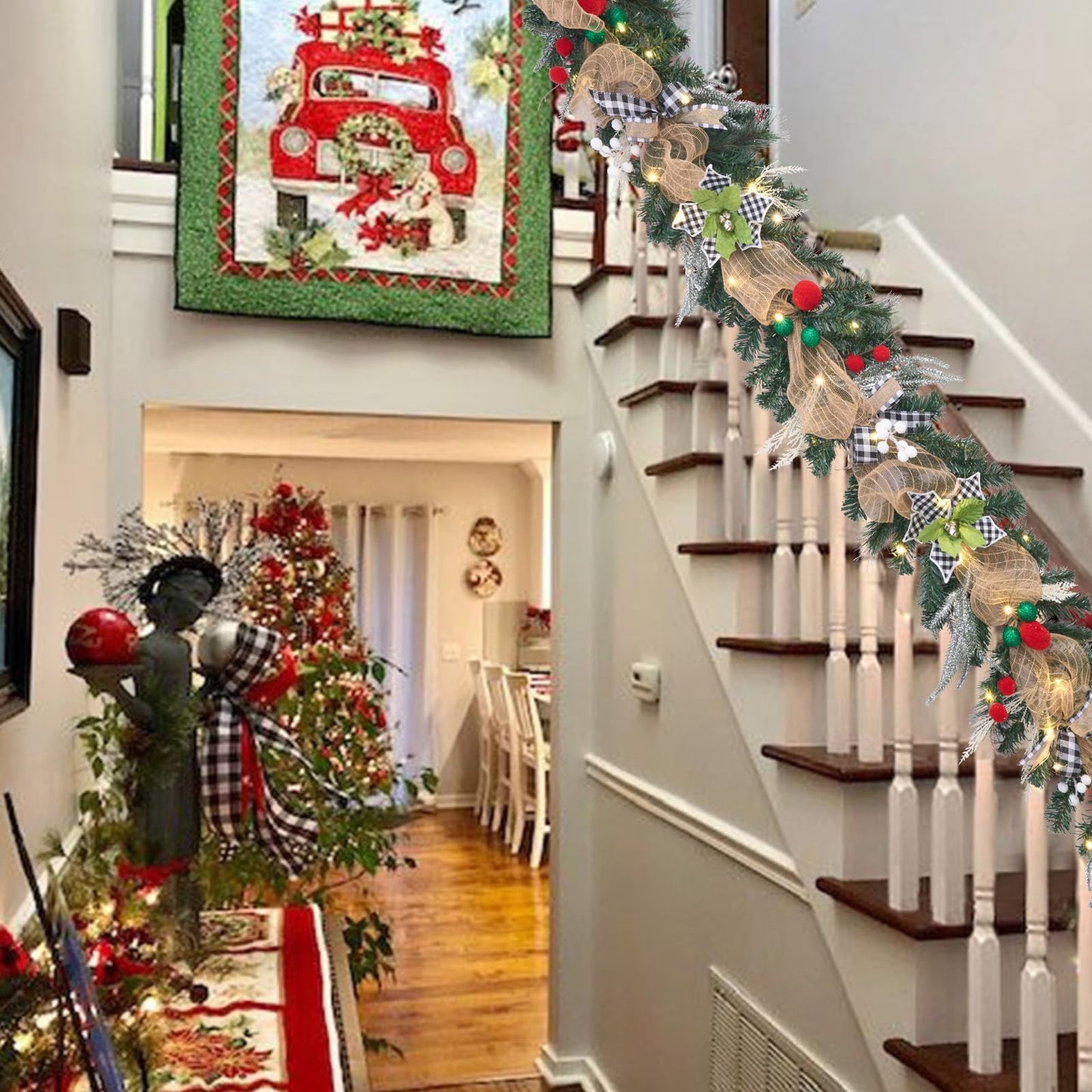 6 feet prelit Christmas Garland,Black and White Buffalo Plaid Christmas Decor with 30 LED Lights, Lighted Buffalo Plaid Decoration for Mantel,Stairs,and Front Door,Xmas Farmhouse Decor.