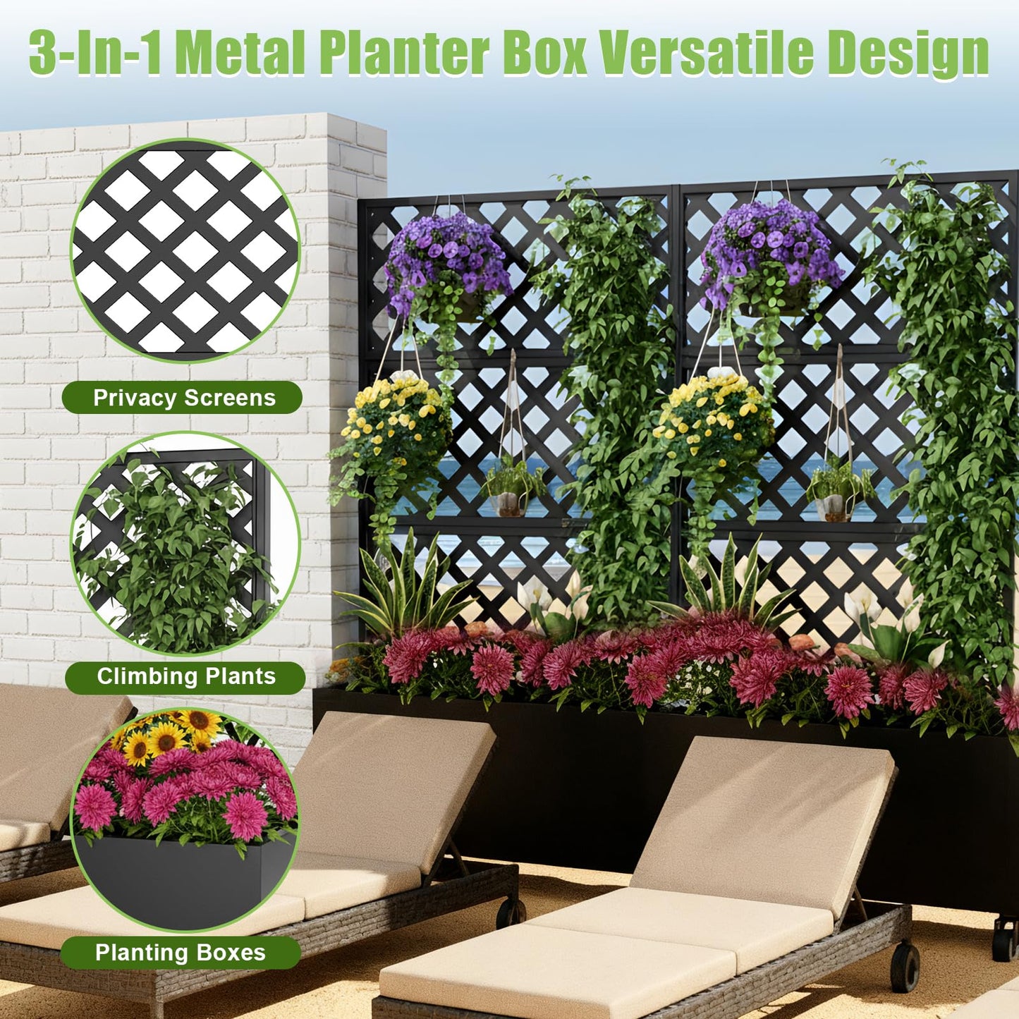 Luzfuego Metal Planter Box with Trellis, 72" Tall Outdoor Raised Garden Bed on Wheels, Flower Planter for Climbing Plants with Drainage Holes & Lockable Casters