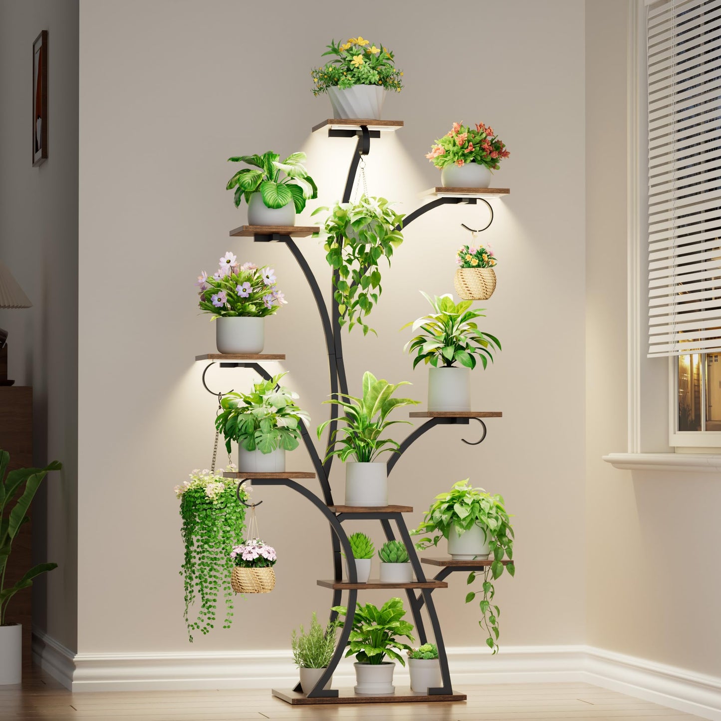 Plant Stand Indoor with Grow Lights - Lighted Plant Shelf Indoor, 64" Tall Corner Plant Stands for Indoor Growing, 10 Tier Flower Display Shelf, Large Tree-Shaped Holder for Home, Living Room, Black