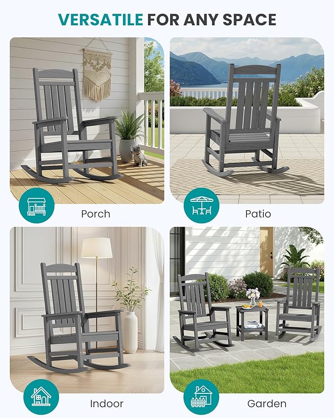 SERWALL Outdoor Rocking Chair Set of 4, HDPE Patio Rocking Chair, All-Weather Porch Rocker for Balcony, Yard, Dark Gray