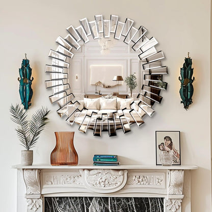 QDSSDECO Round Mirror Sunburst Wall Mirror 31.5" Beveled Edge Frameless for Living Room Bathroom Bedroom Entryway Decor