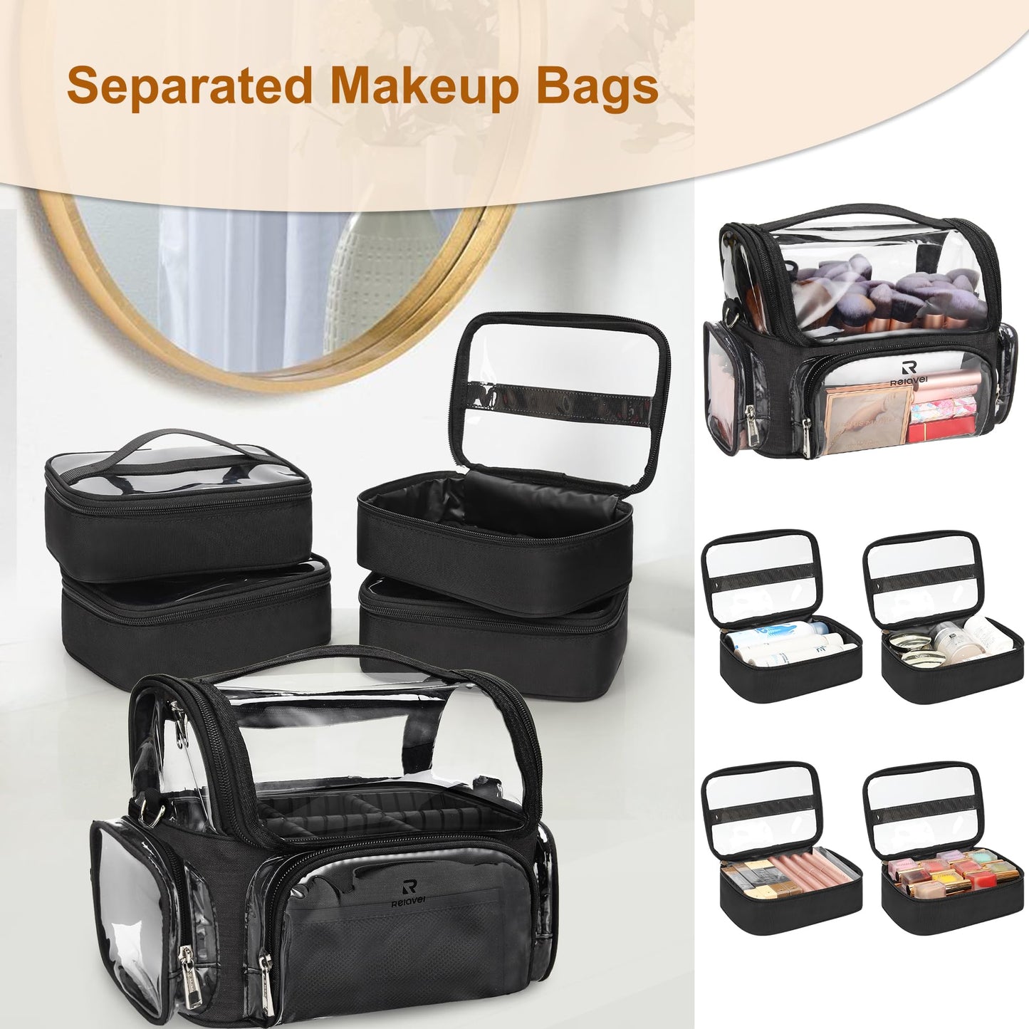 Relavel Rolling Makeup Case with Large Brush Bag, Professional Make Up Travel Organizer Bag with 2 big Wheels, Lockable Makeup Backpack with Adjustable Dividers for Makeup Artist - Black