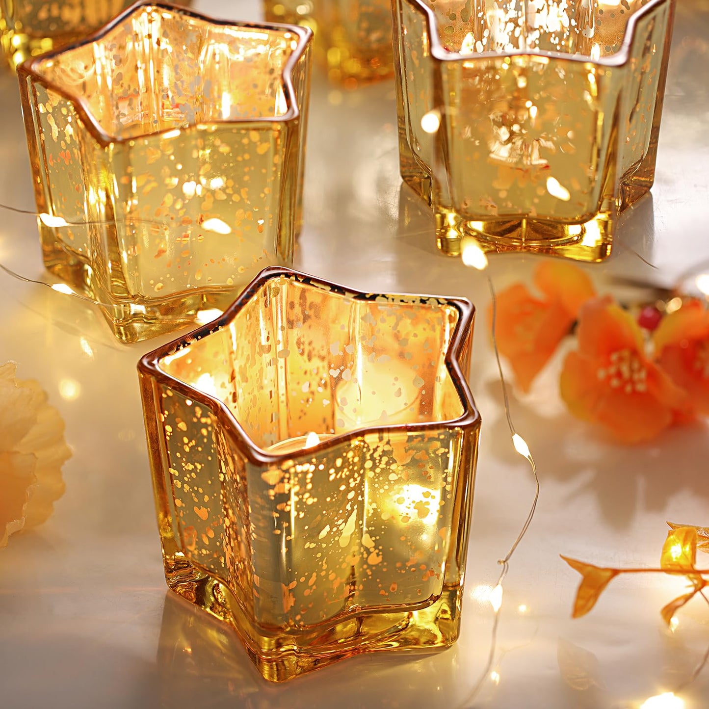 Letine 8pcs Gold Star Candle Holders Set - Elegant Tea Light & Votive Holders for Diwali, Weddings, Fall Decor - Mercury Glass Star Jars with Celestial Glow(2.44" Height)
