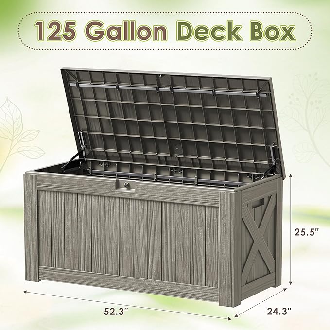 Devoko 125 Gallon Outdoor Storage Box, Waterproof Resin Deck Box for Patio Furniture, Lockable Container for Garden Cushions & Pool Supplies (Light Brown, 125 Gallon)